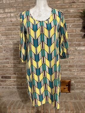 Women’s Geometric Print Shift Dress Yellow Teal 3/4 Sleeve Retro Boho Sz S
